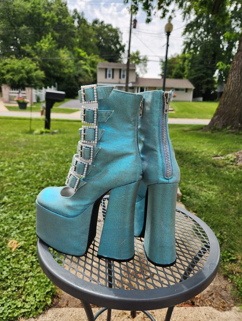 Blue Platform Strappy High Heel Pumps